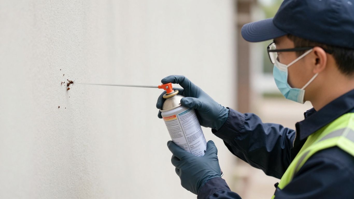 Technicien en désinsectisation pulvérisant un mur