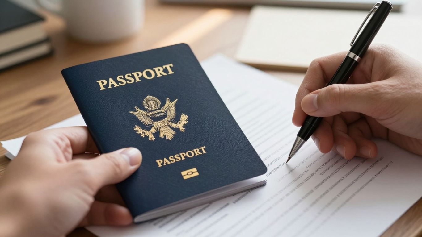 US passport and pen over immigration document.