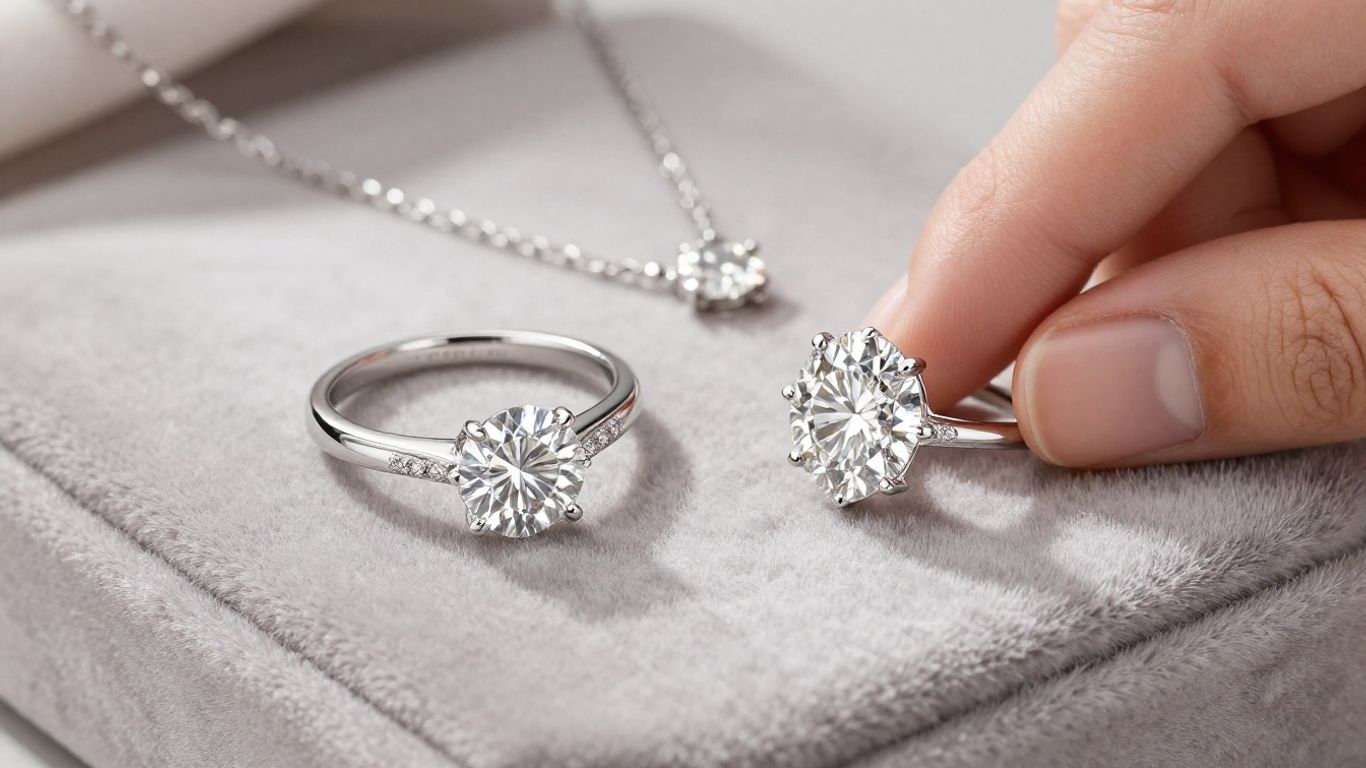 Elegant solitaire rings and necklaces on velvet surface