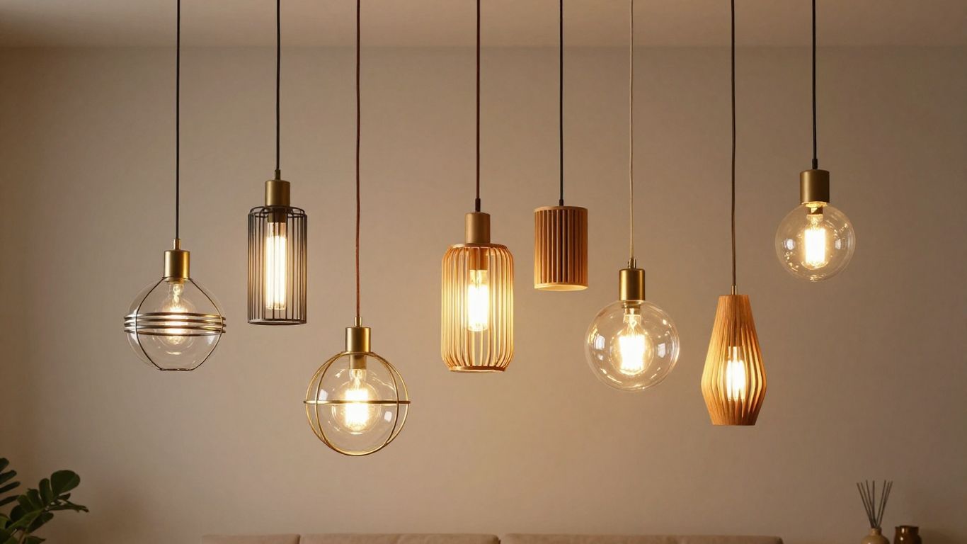 Various stylish light pendants hanging in a room.