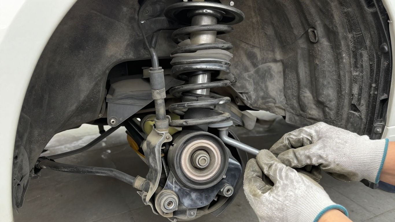 Worn suspension components viewed beneath a Mercedes