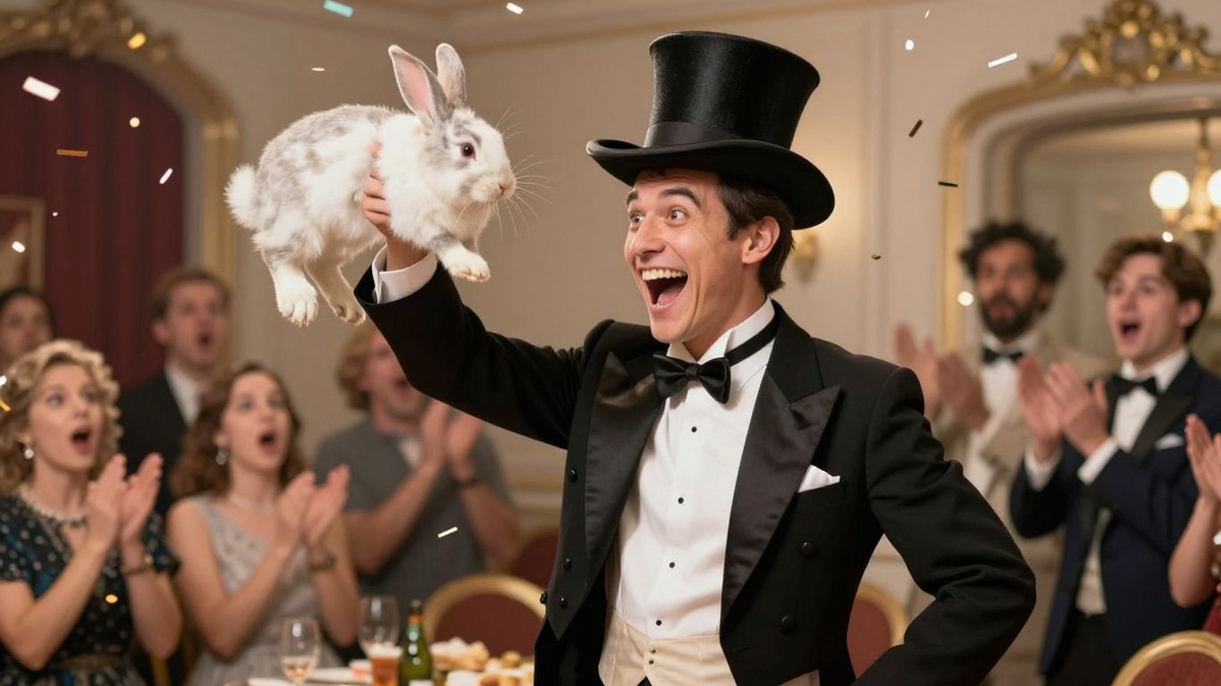 Magician performing a funny trick with a rabbit.