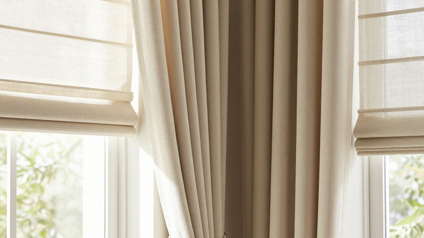 Elegant window blinds and curtains with sunlight.