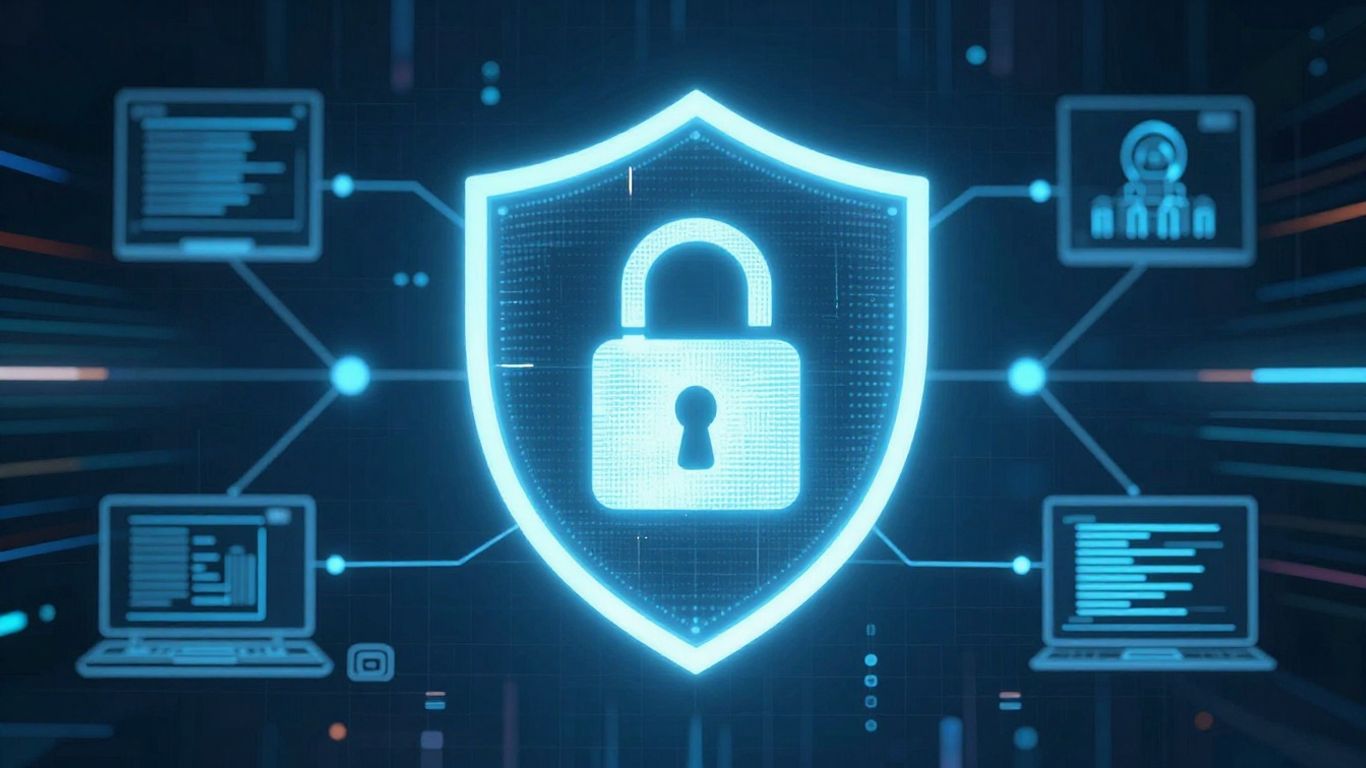 Digital shield protecting interconnected computer systems with a lock icon.