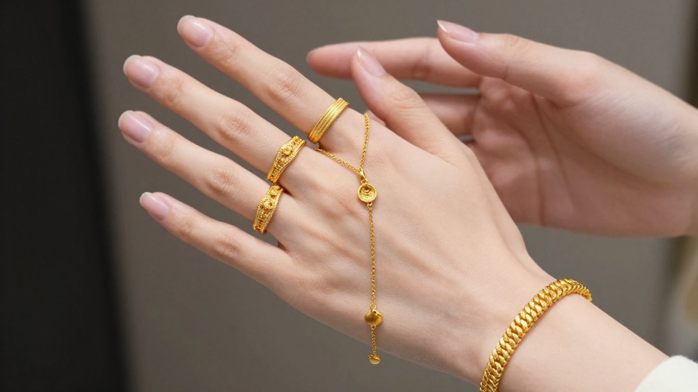 Sparkling gold jewelry on hands.