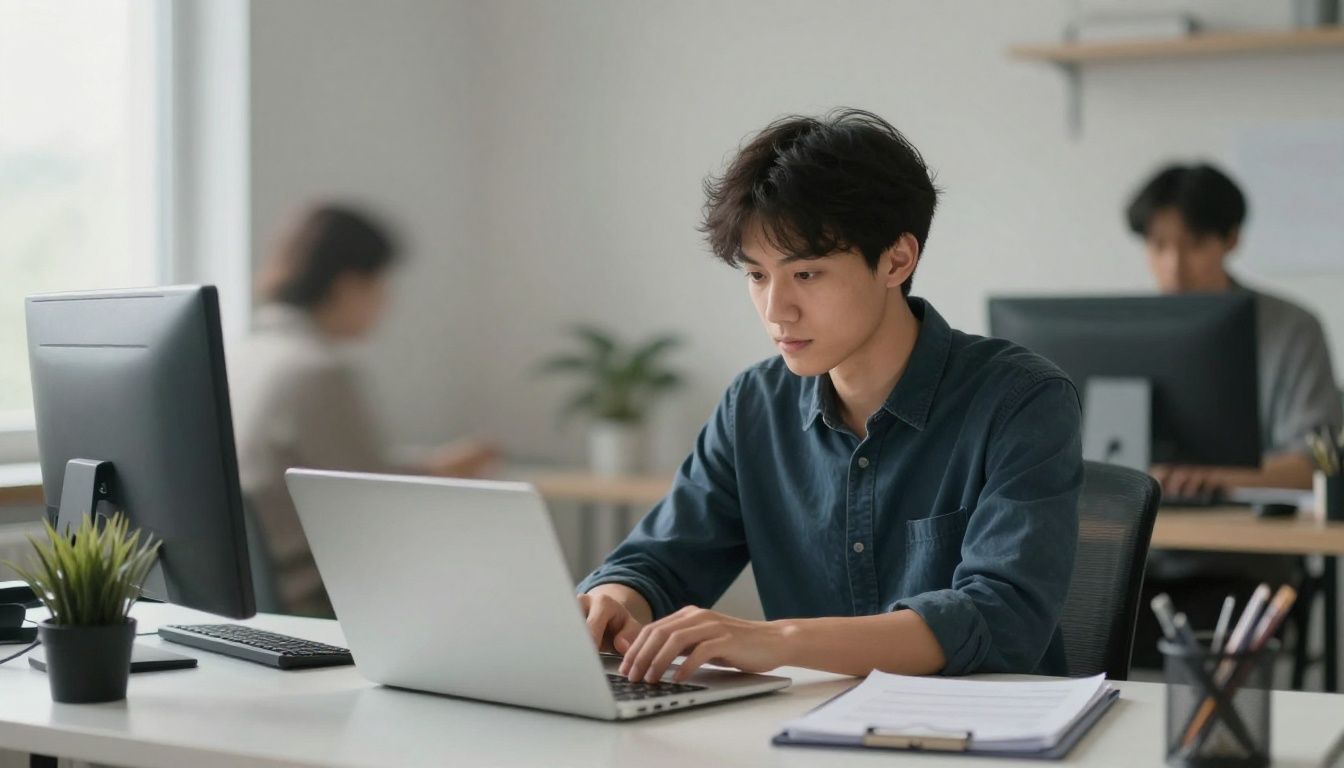 A focused individual sits at a clean desk, calmly working on a laptop, while abstract blurs of motion swirl around them, representing external demands being kept at bay.