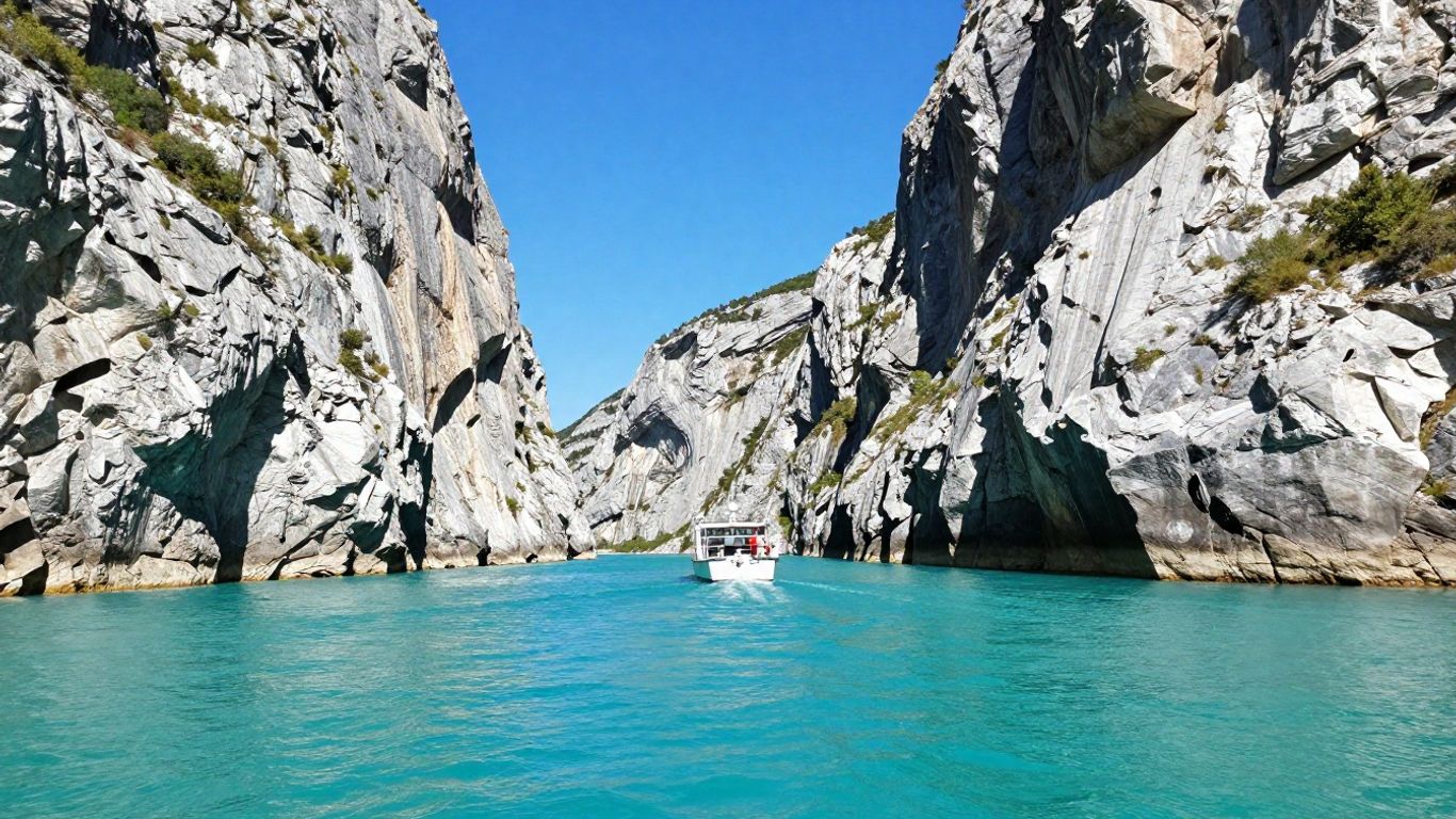 Small electric boat crossing turquoise lake toward Verdon cliffs