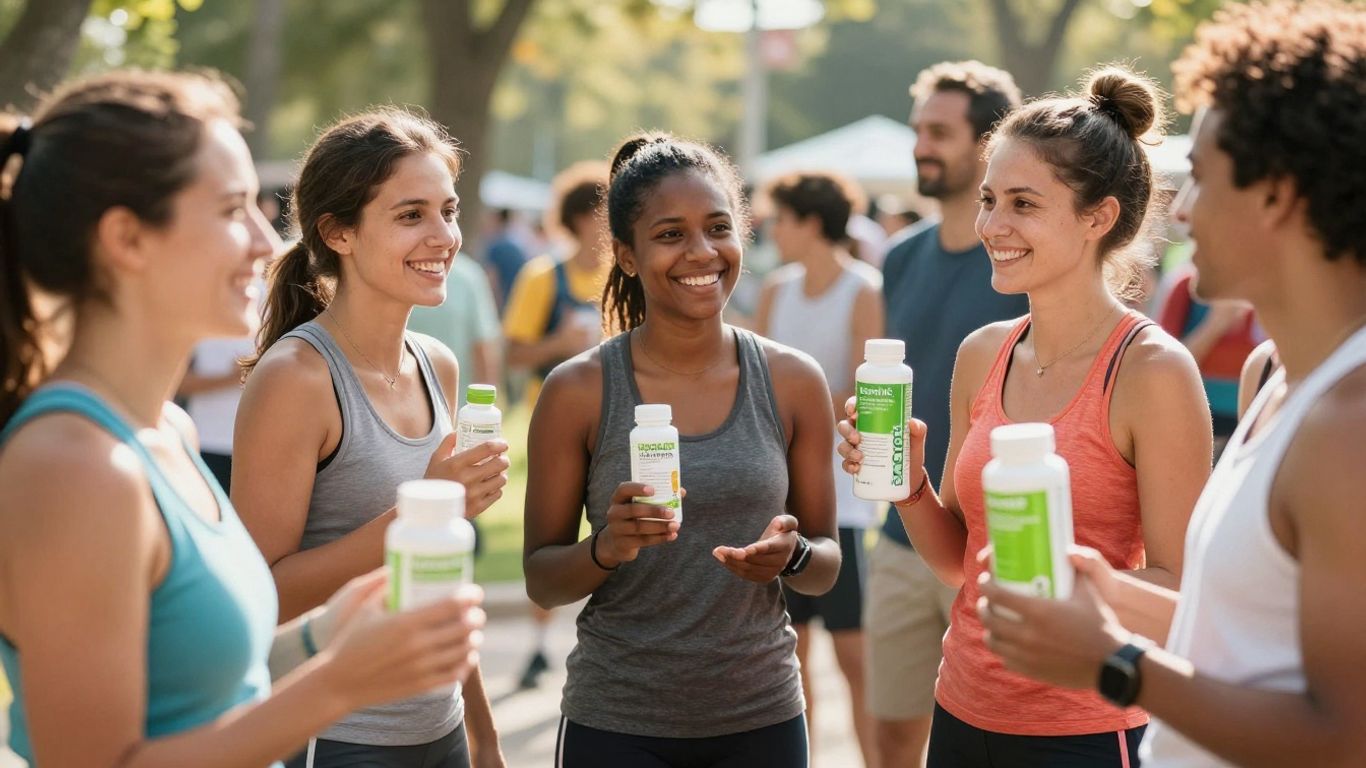 People smiling outdoors with Herbalife products.