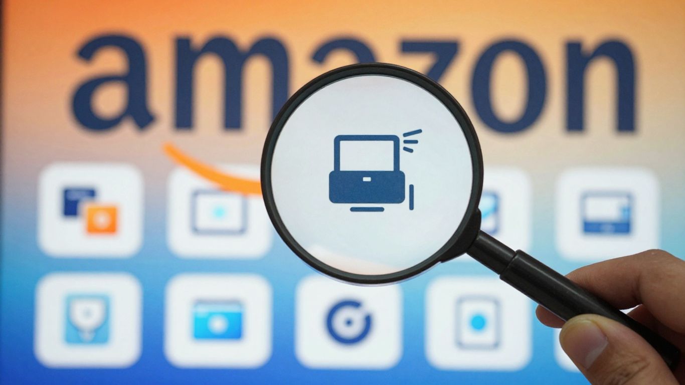 Magnifying glass over product icons, Amazon colors.