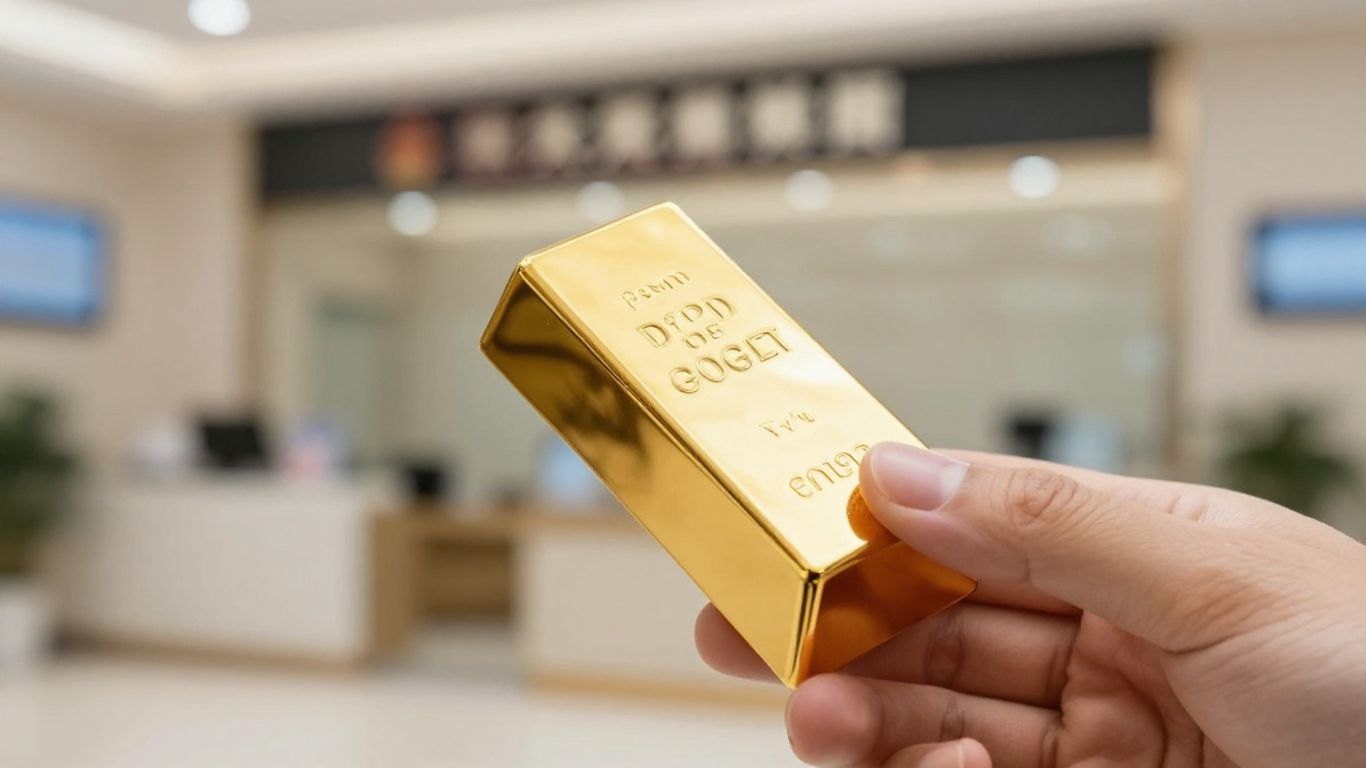 Main d'une personne tenant une barre d'or devant une banque.