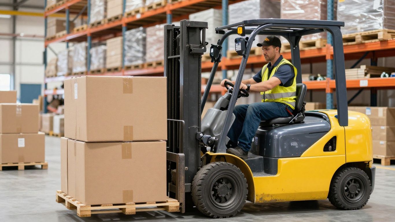 คนขับรถโฟล์คลิฟท์กำลังยกสินค้าในคลังสินค้า