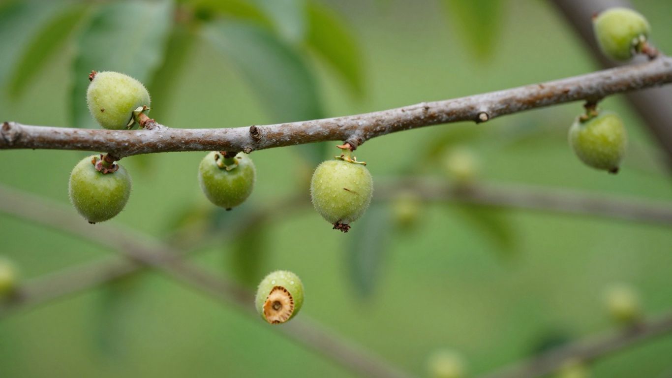 Junge Früchte fallen vom Baum im Sommer.