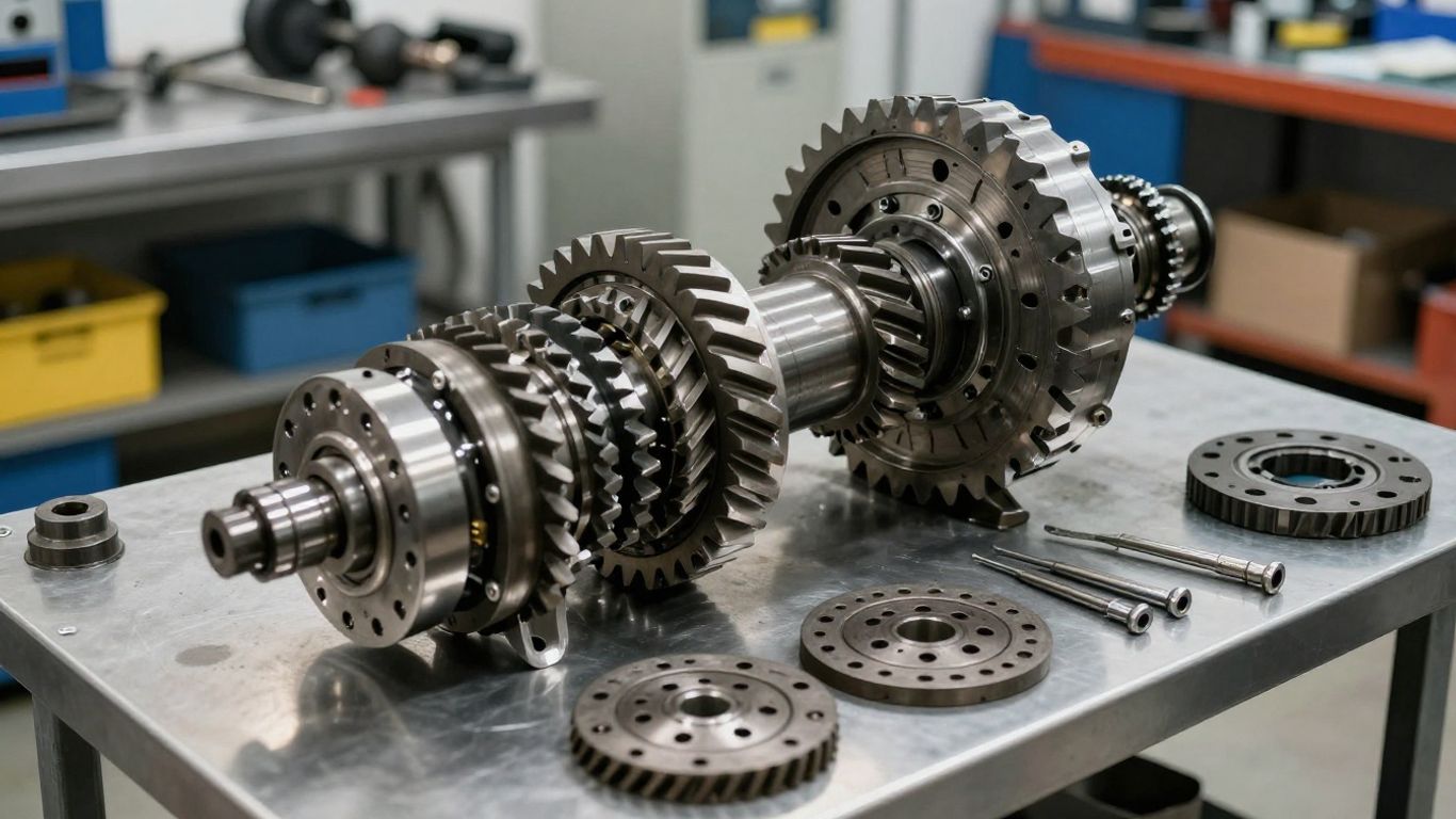 Technician inspecting transmission components in workshop