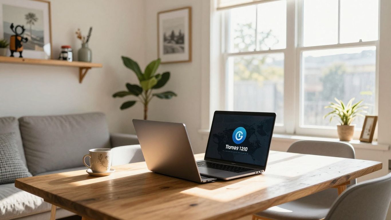 Bright Airbnb interior with sunlight and laptop.