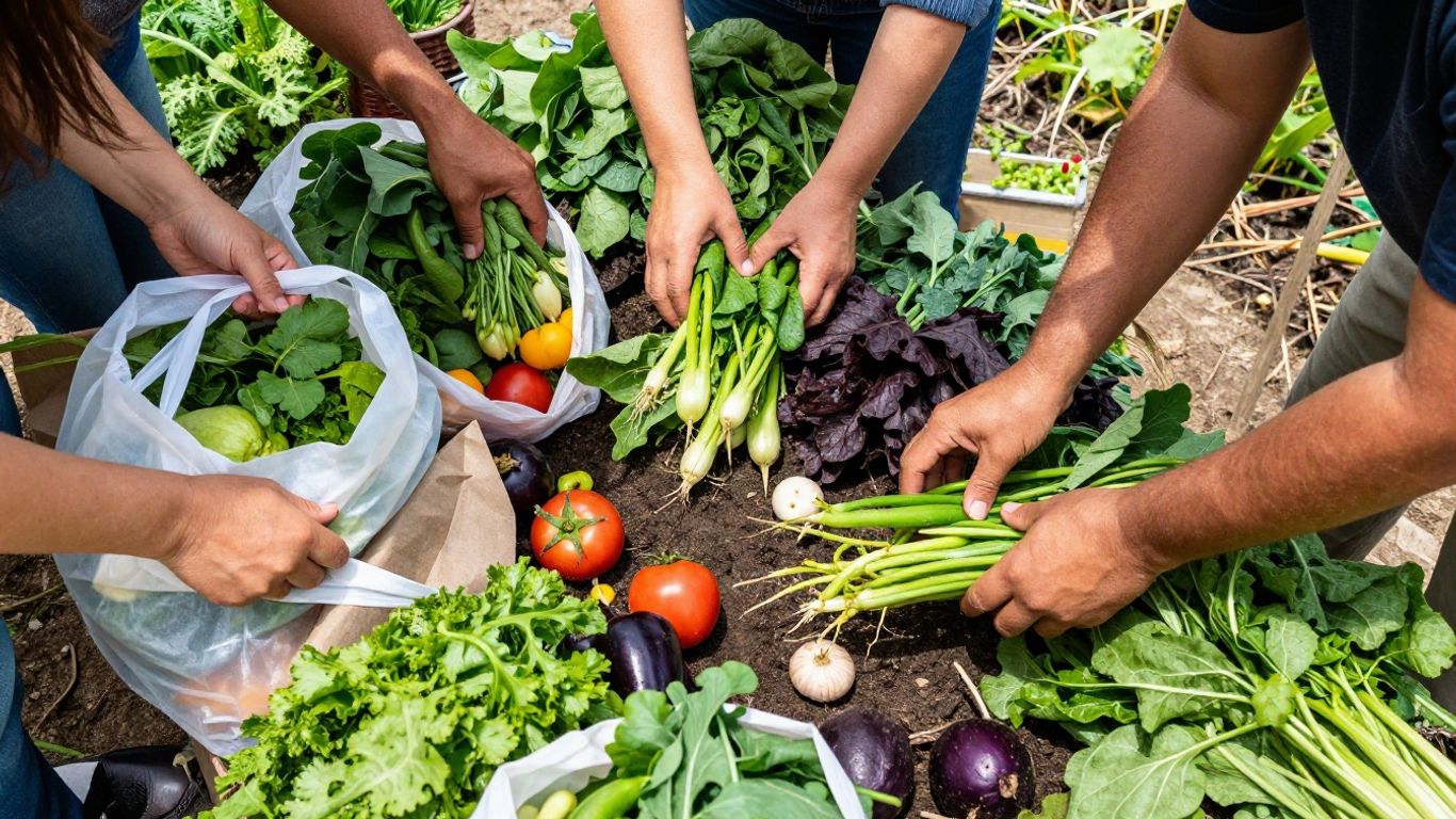 Community garden with fresh produce and hands sorting vegetables.