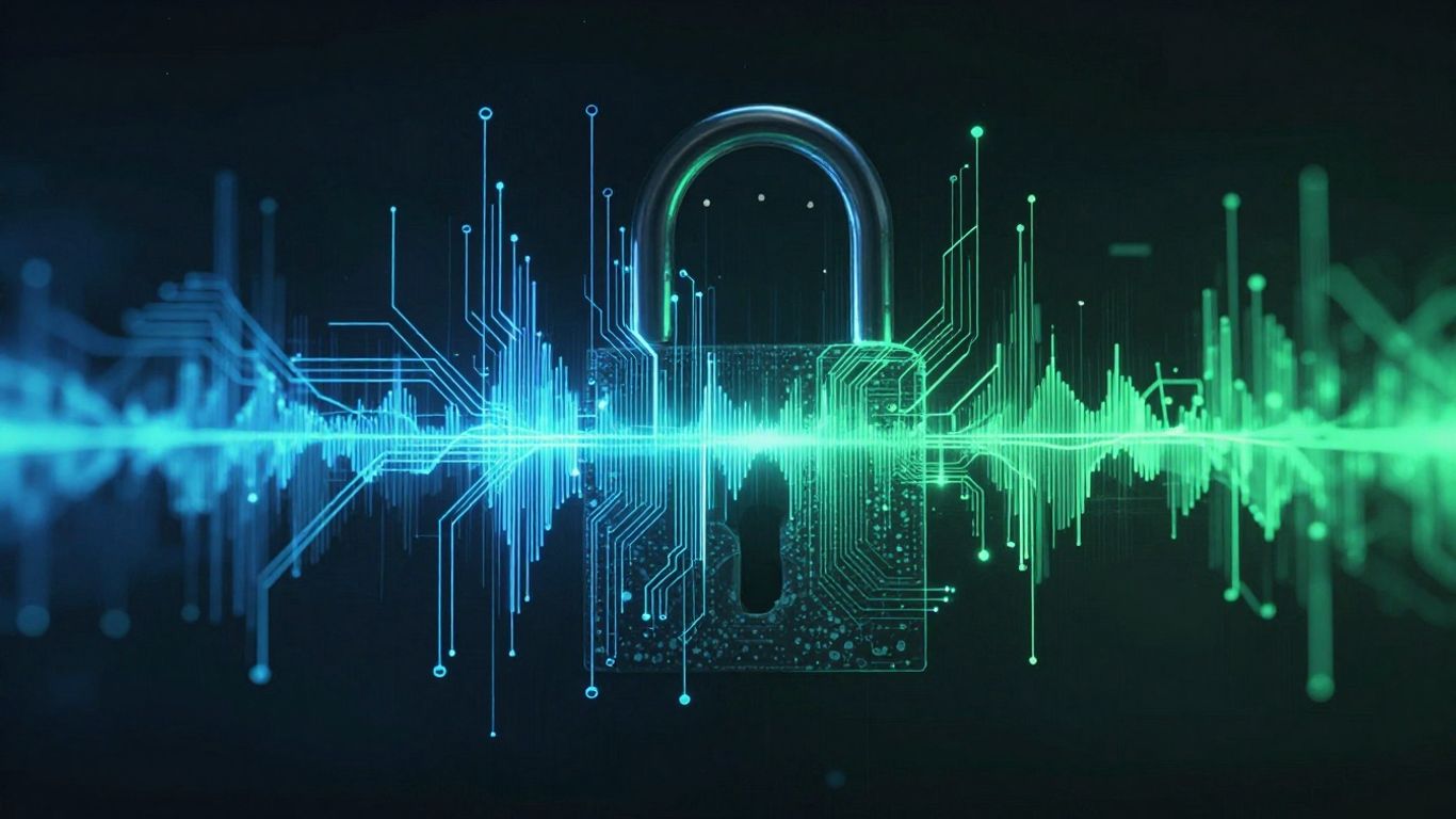 Abstract sound waves and digital lock for AI security.