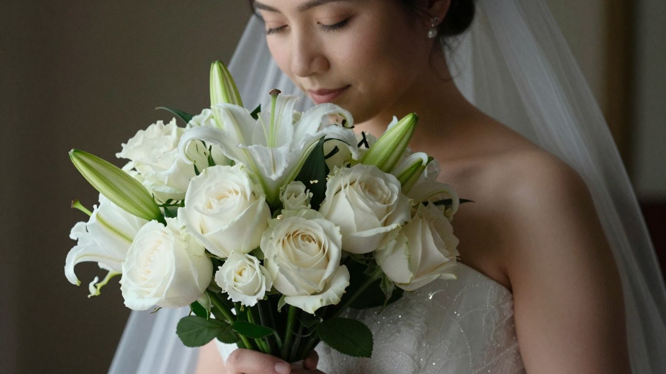 Bride holding a bouquet of white roses and lilies.