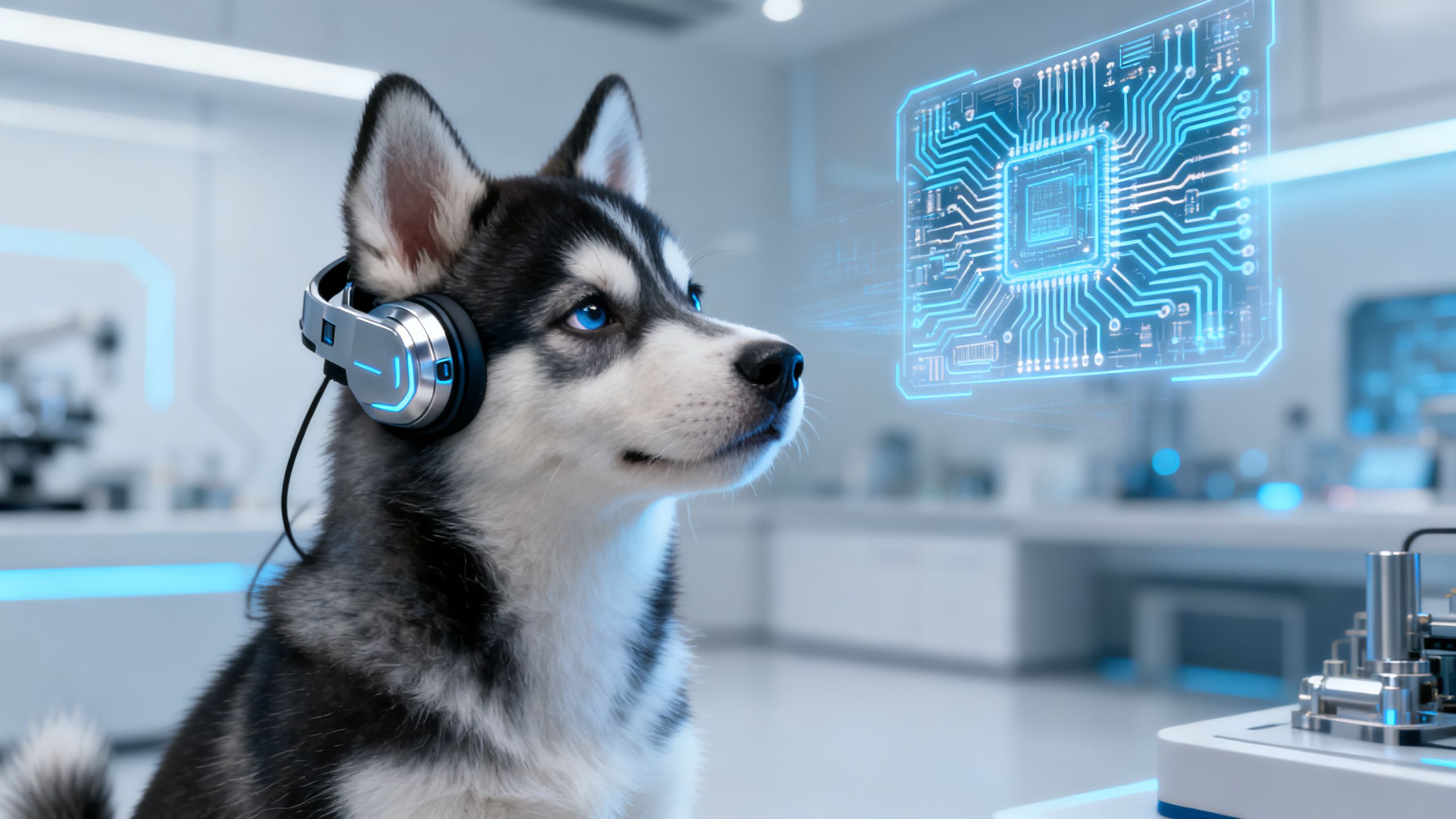 Husky puppy interacting with futuristic technology.