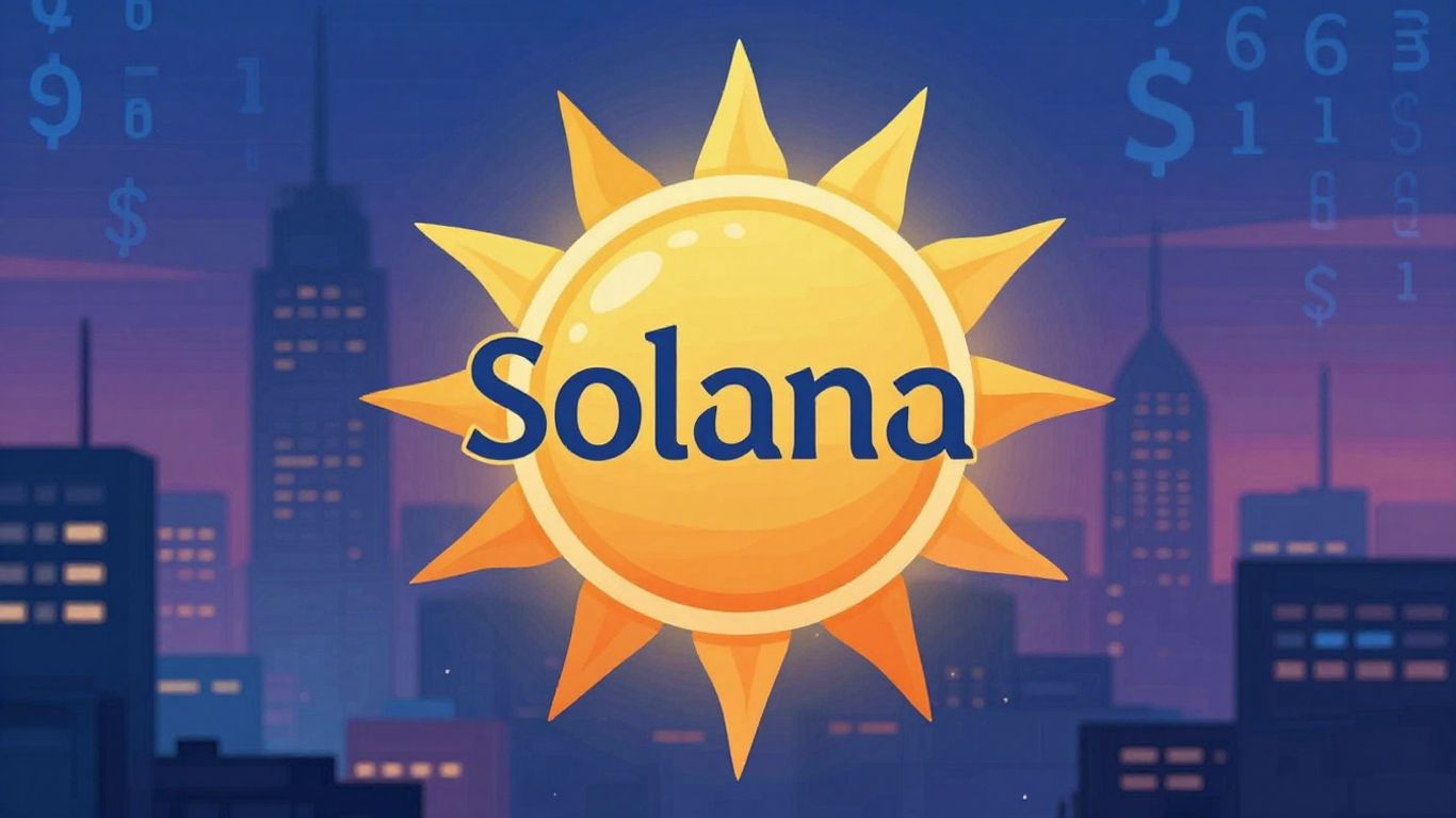Solana cryptocurrency logo with futuristic background.
