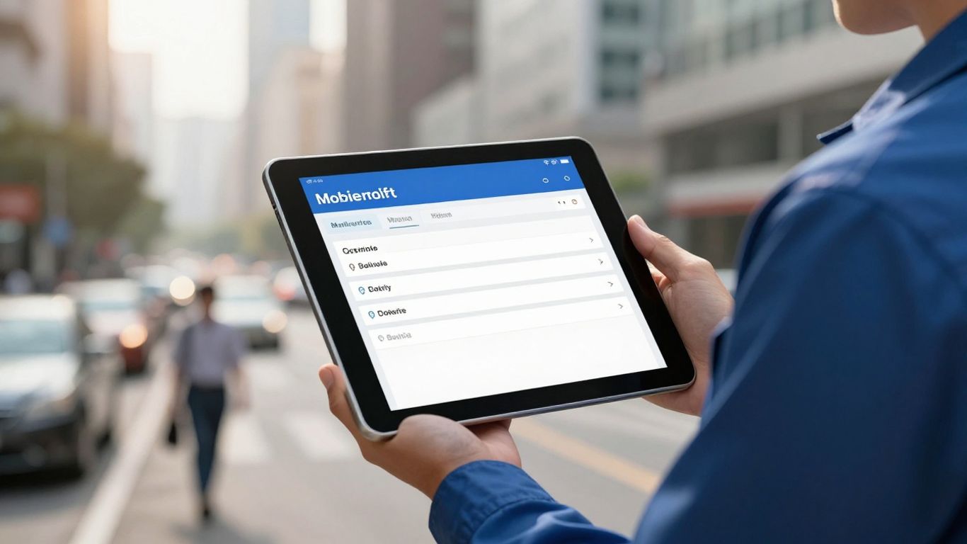 Field service technician using mobile dispatch software on a tablet.