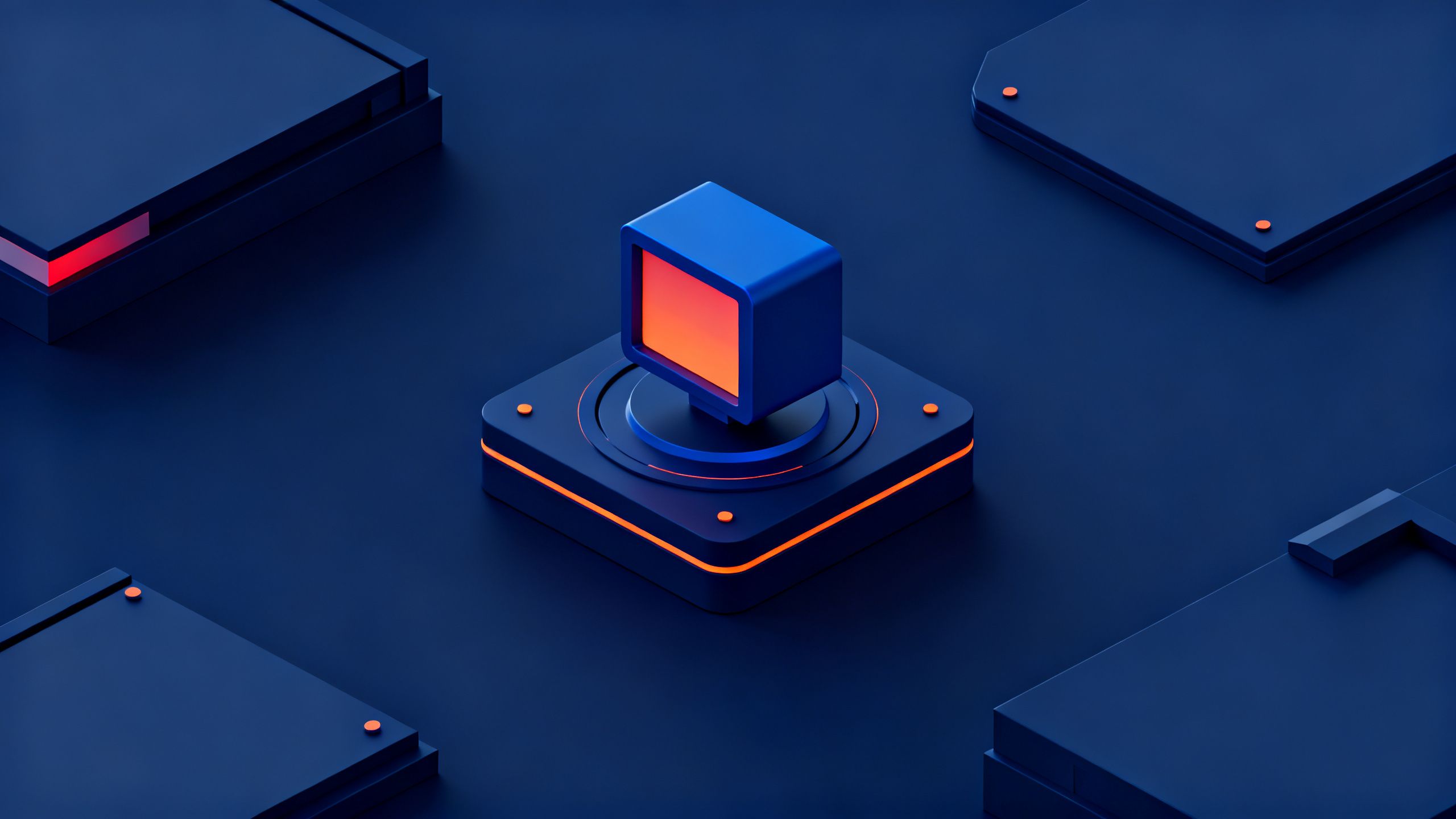 3D isometric illustration of advanced technology, clean and minimalist editorial style, deep navy blue and tech blue color palette with subtle orange-red accents, soft studio lighting, matte finish, premium tech media aesthetic, octane render