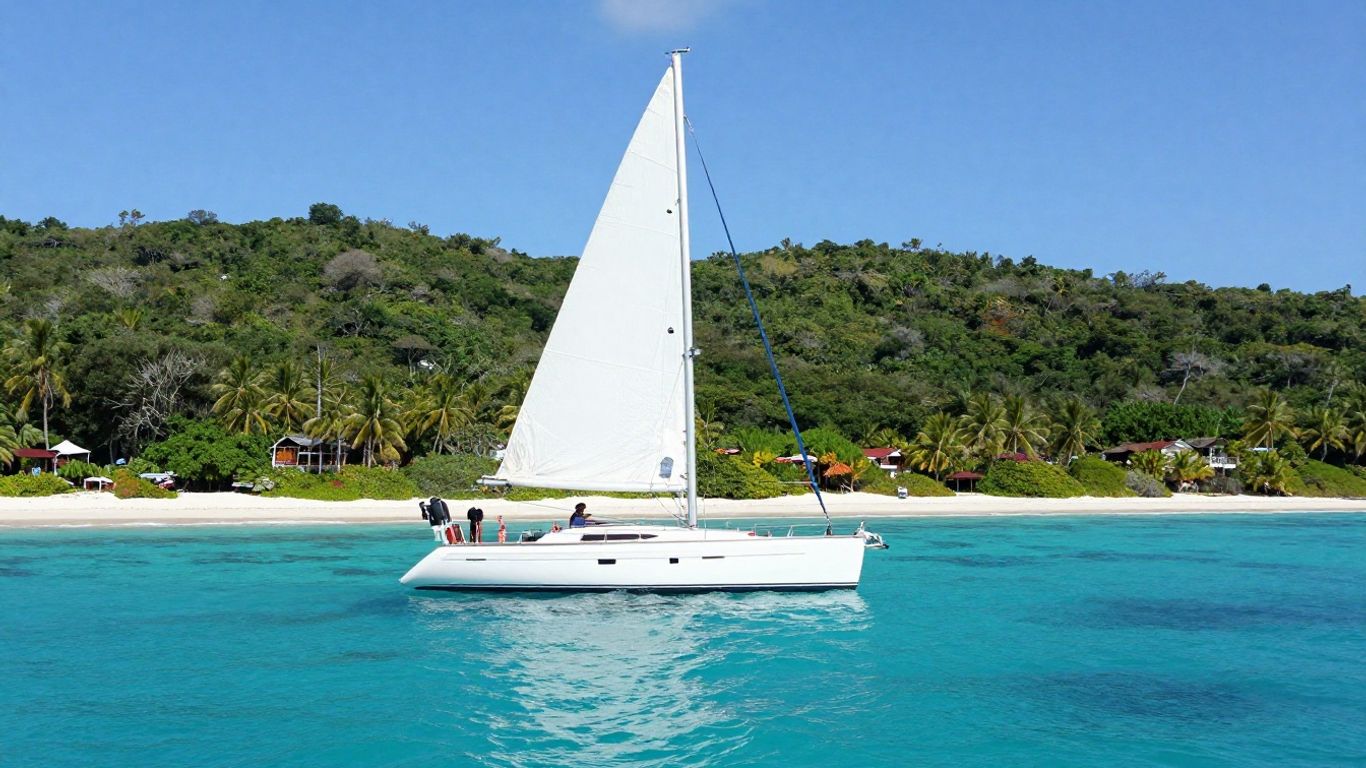 Sailing yacht anchored in crystal blue Caribbean tropical waters
