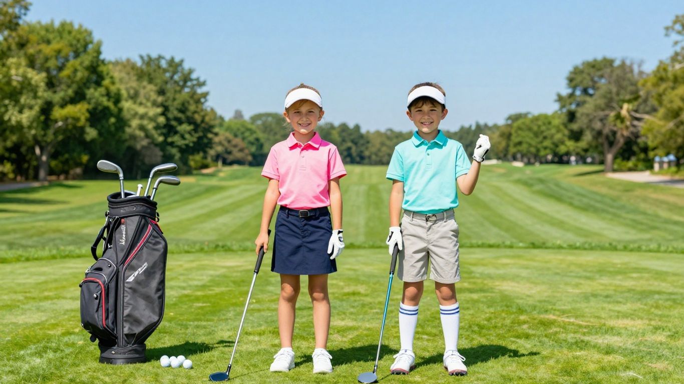 Kids with golf clubs on a sunny green course