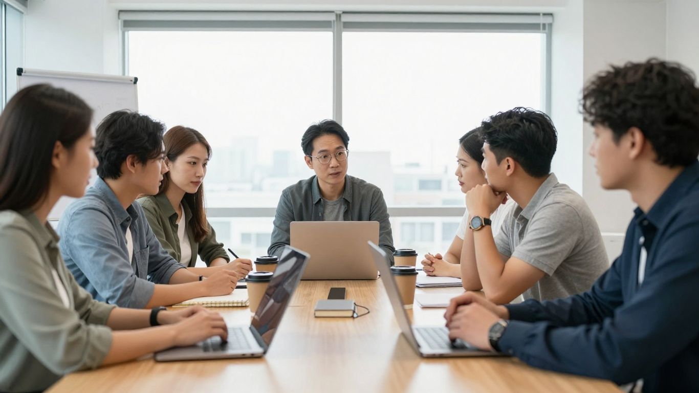 Équipe PME en réunion devant un ordinateur