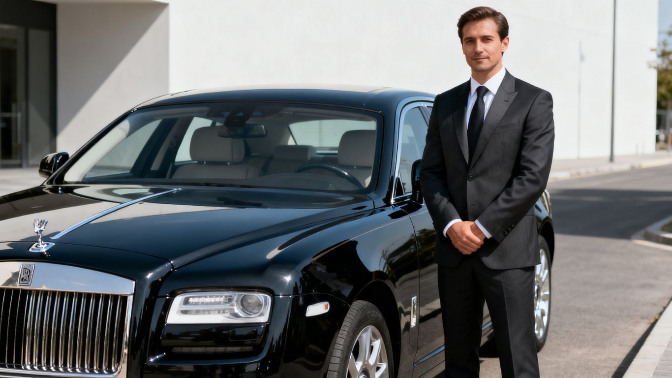 chauffeur standing outside of black sedan