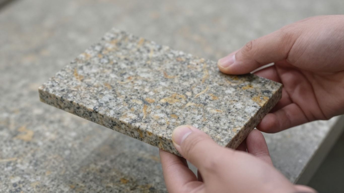 Granite countertop sample with hands interacting.