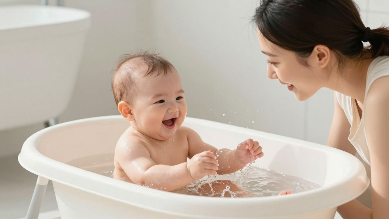 Bebé feliz en la bañera con su madre.