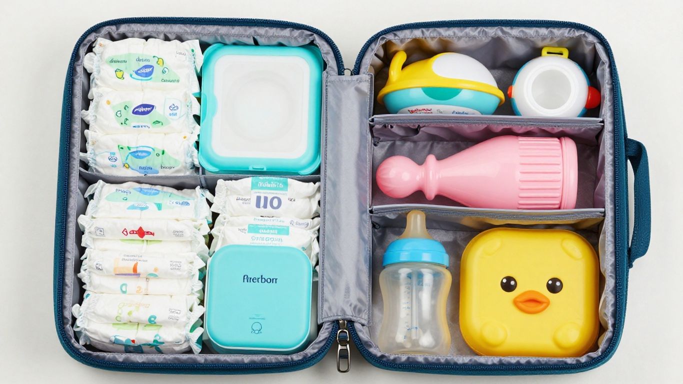 Organized diaper bag with colorful pouches and baby essentials.