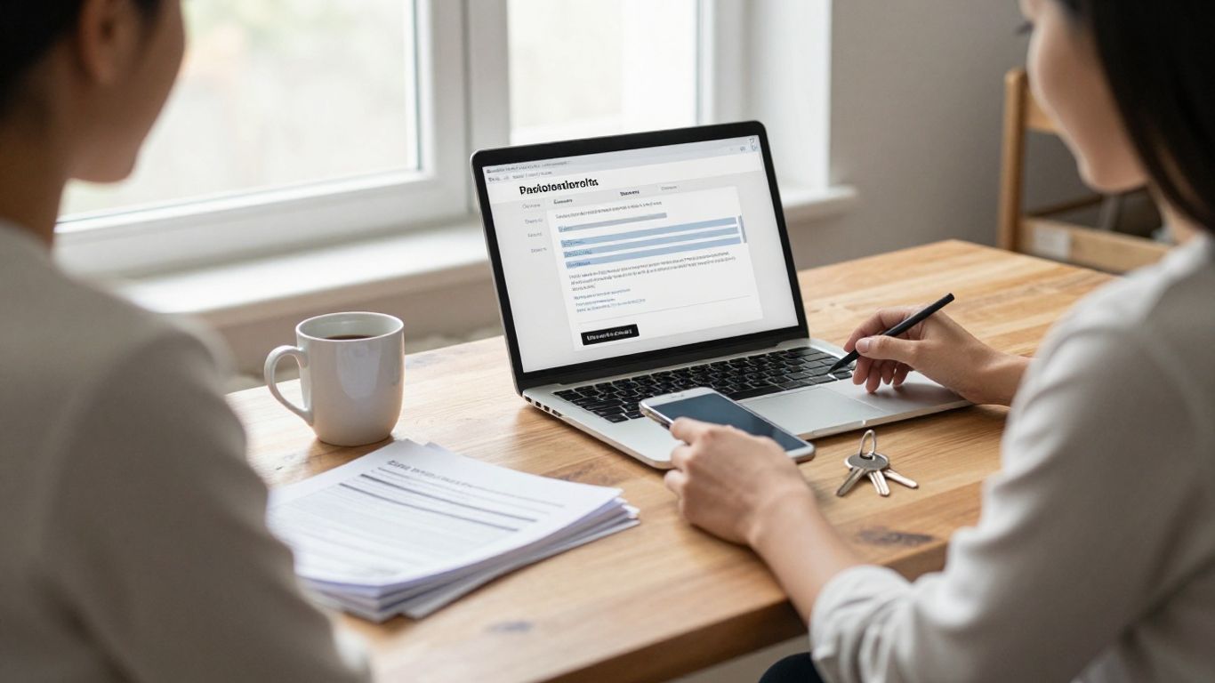 A traveler reviewing rental booking details at a table