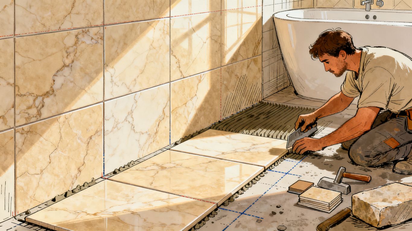Installer planning natural marble tile layout