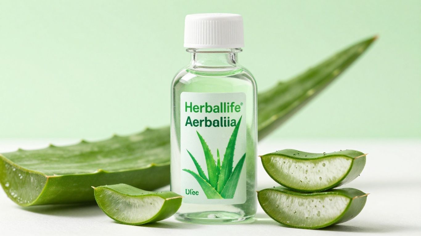 Herbalife Aloe bottle with fresh aloe leaves.
