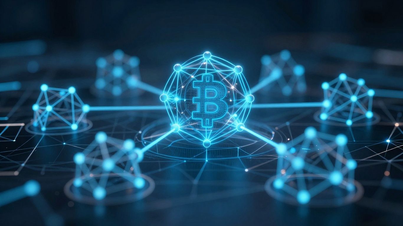 Digital blockchain network with glowing lines indicating growth.