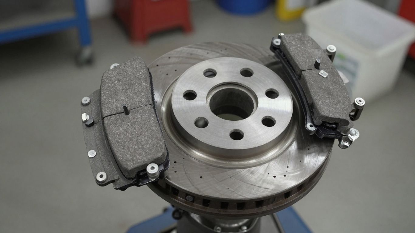 Brake pads and rotor during inspection