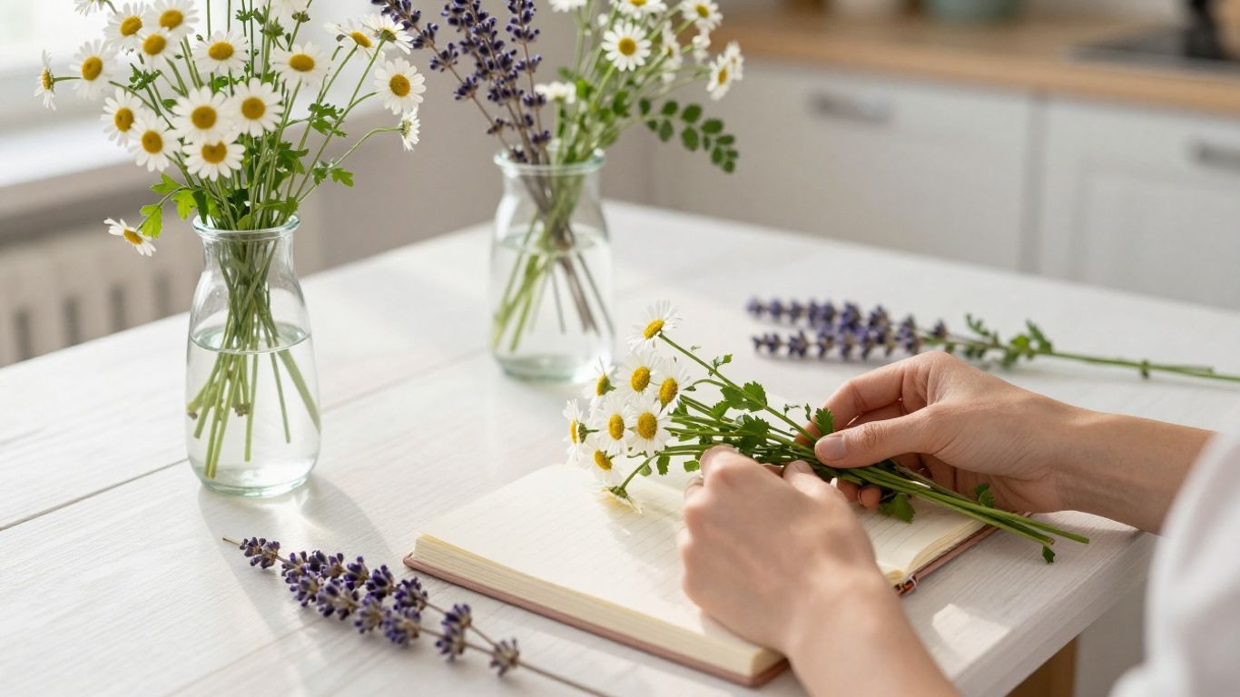 Hands arranging fresh flowers in morning window light
