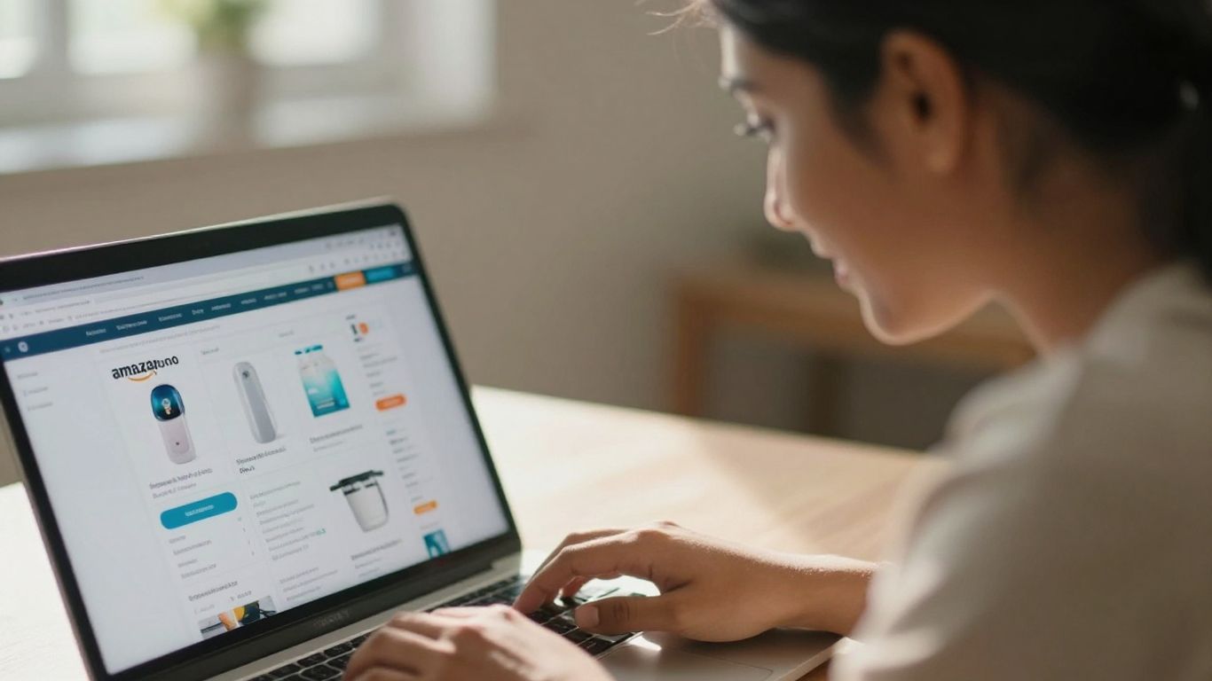 Person researching Amazon products on a laptop.