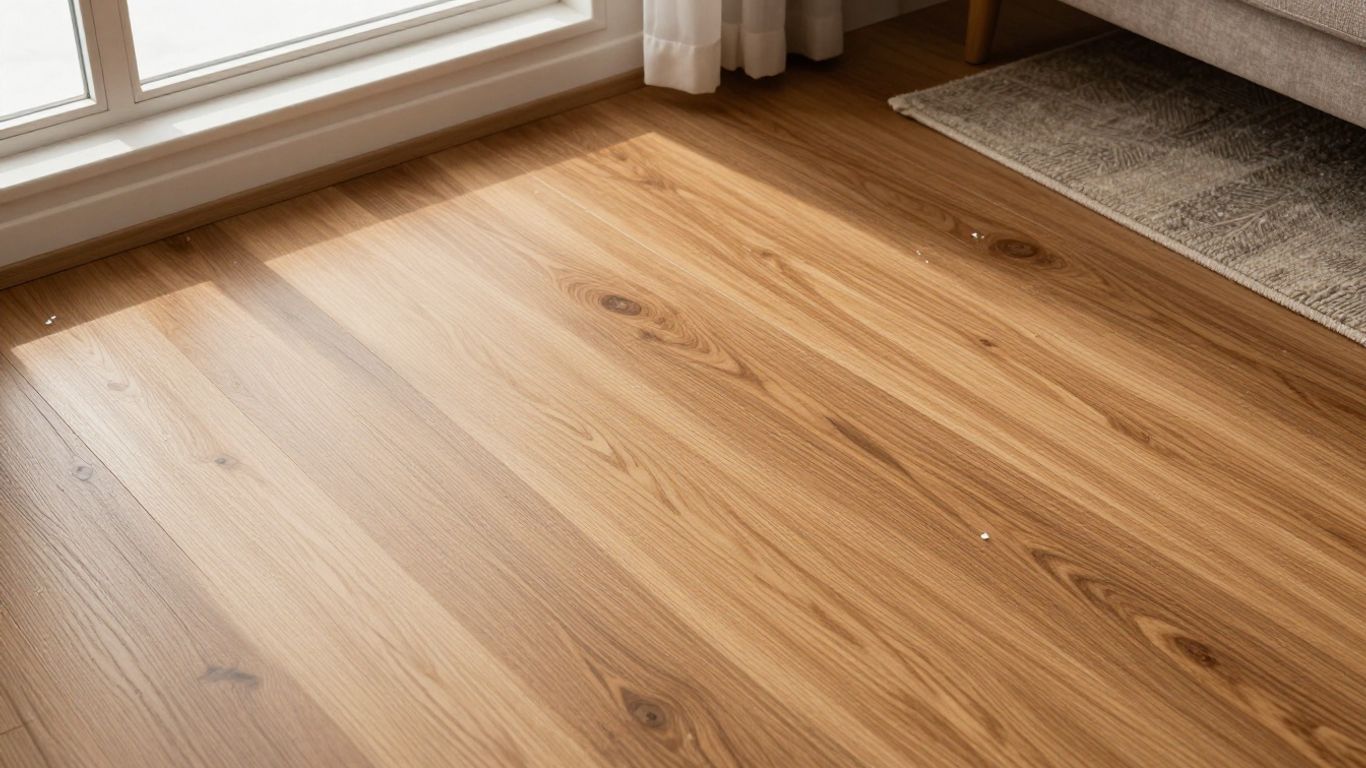 Clean laminate floor with snowflakes and sunlight.
