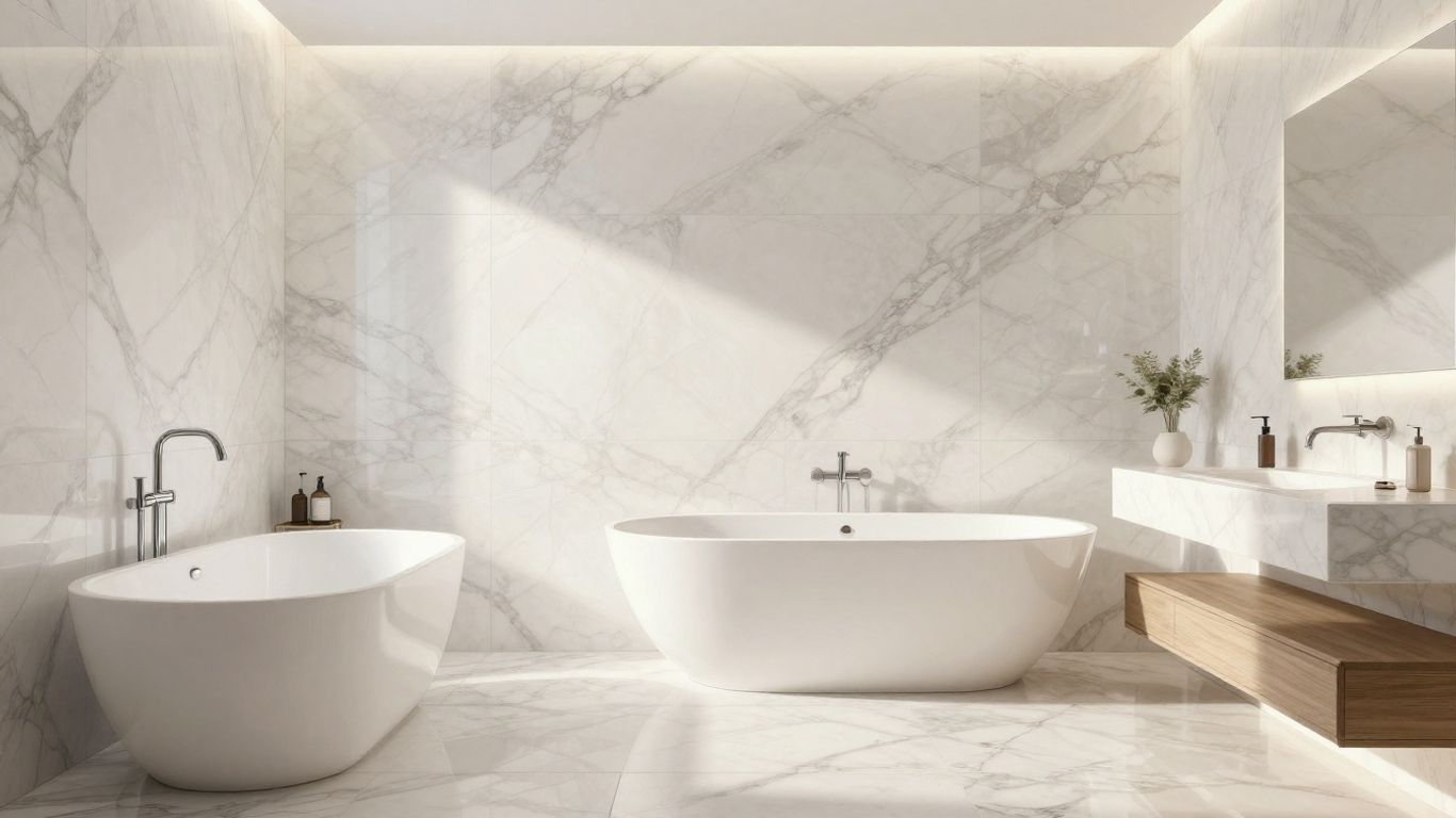 Elegant Thassos marble bathroom interior sketch.