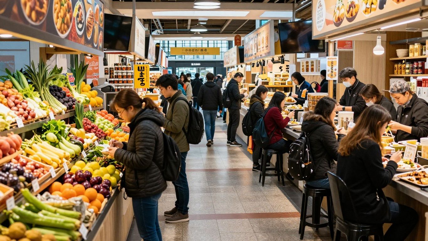 Gourmet food hall with diverse culinary stalls and people dining.