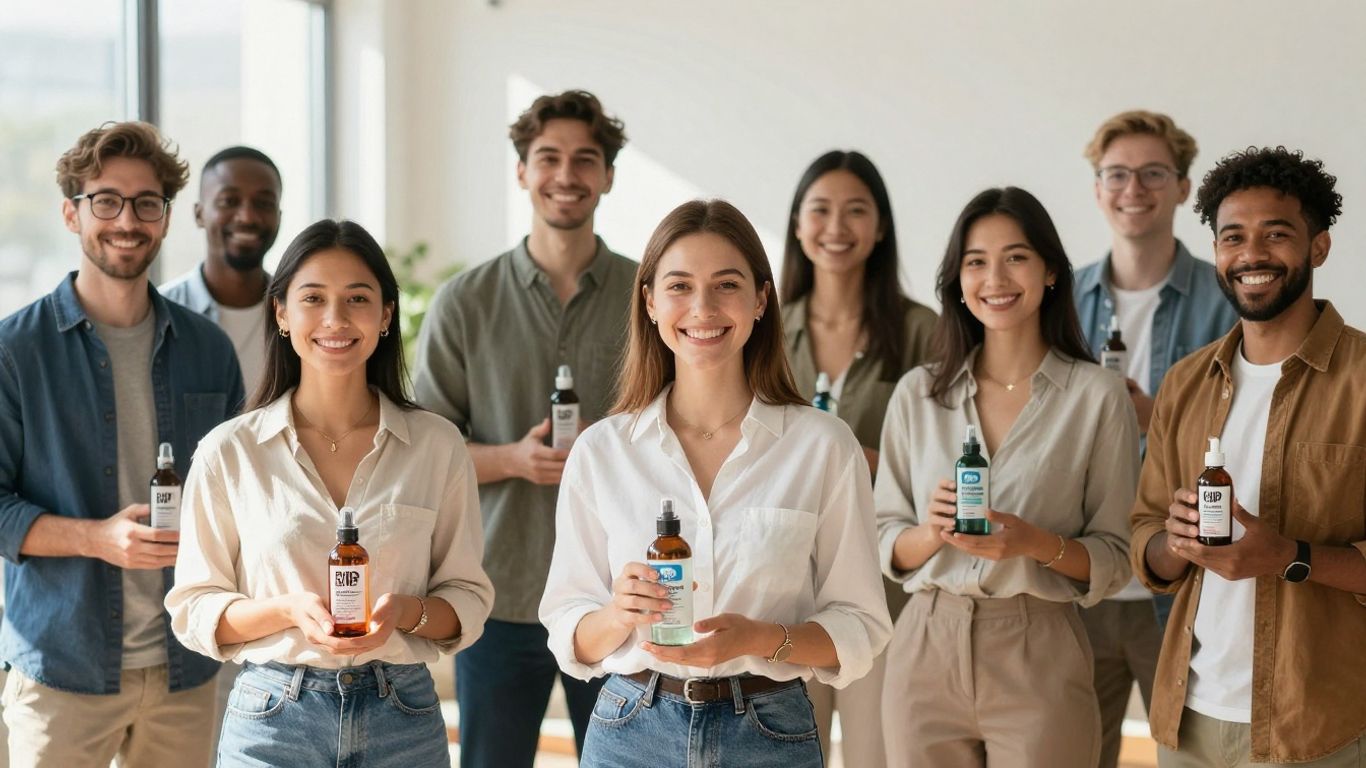 Personas sonriendo y celebrando el éxito con productos bHIP.