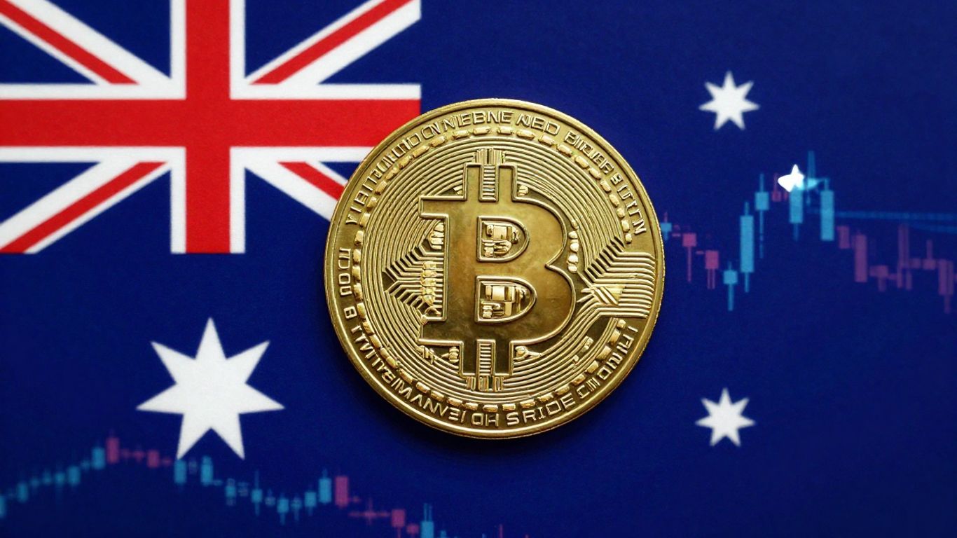 Australian flag with digital currency elements.