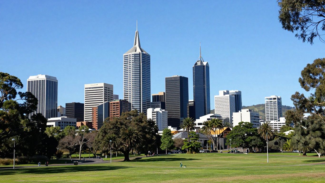 Adelaide cityscape with skyscrapers and green parklands.