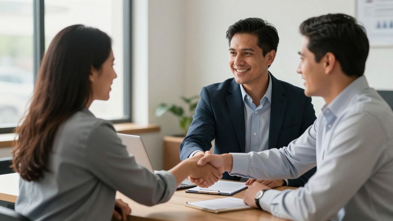 Hispanic immigration lawyer and Latino client shaking hands.