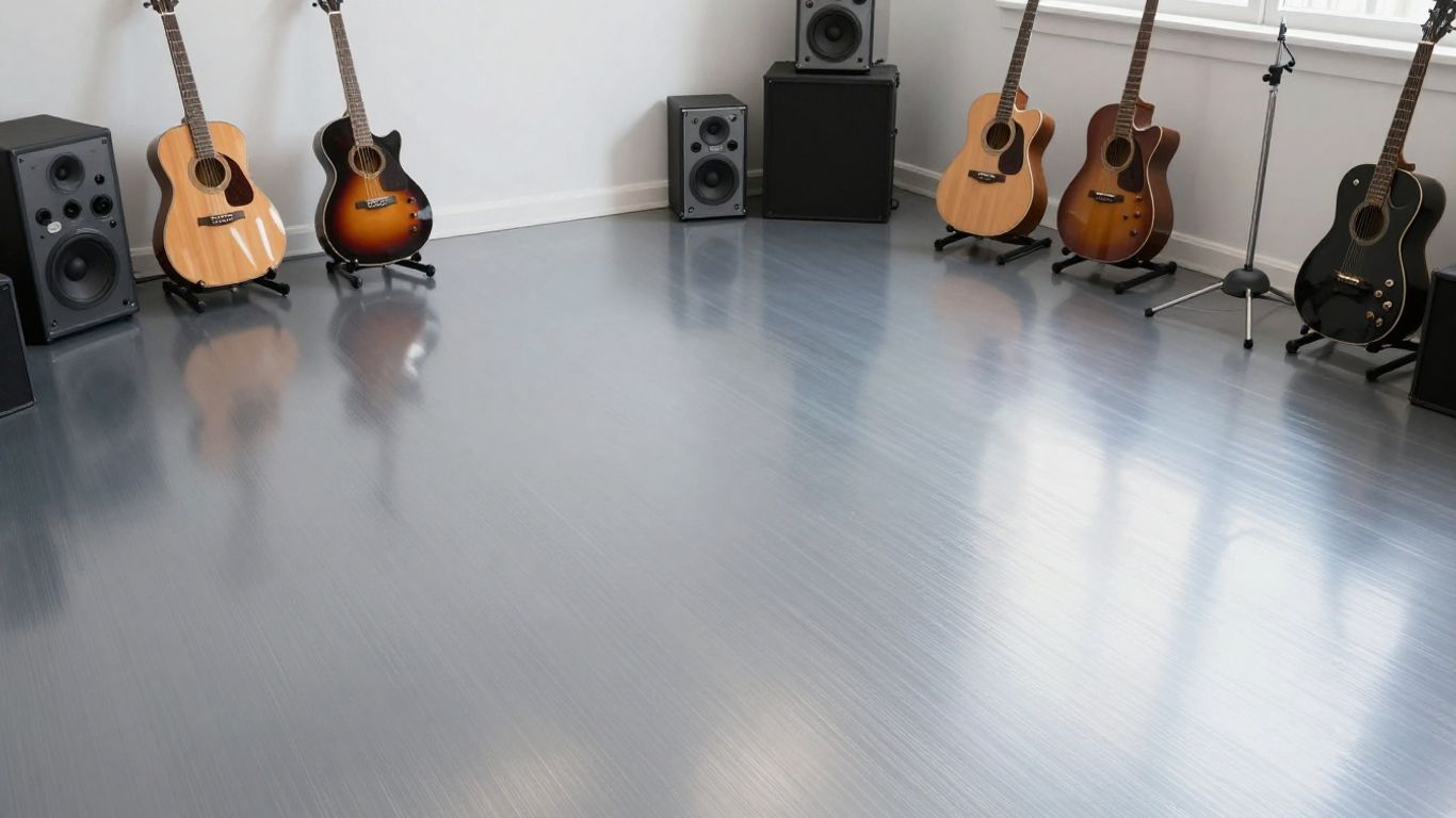 Shiny epoxy floor in a modern home studio.