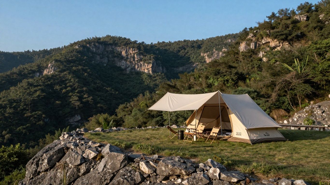 Canvas tent overlooking a rugged green limestone valley