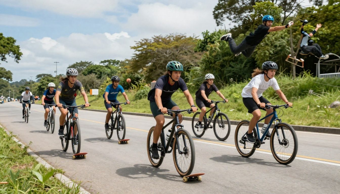 Seleção de jogos de esportes radicais com skate, snowboard, bicicleta e manobras aéreas em cenários vibrantes