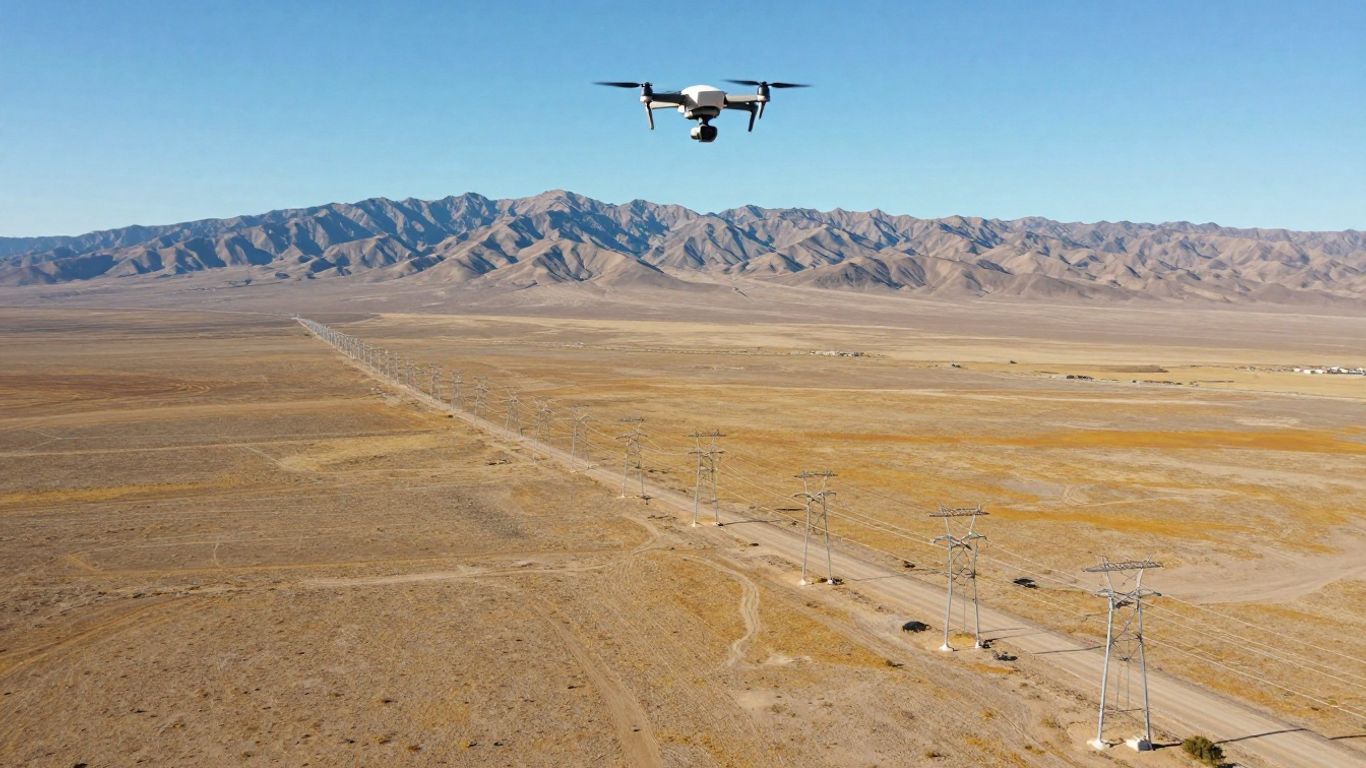 Drone inspecting power lines in California landscape.